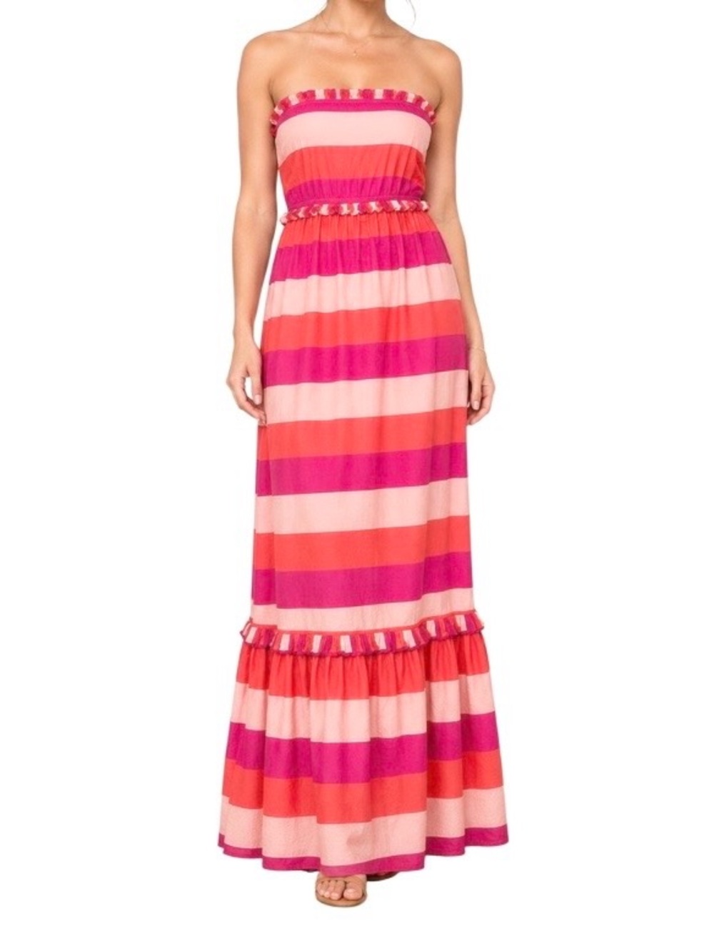 Olivia James Jane Maxi Strapless Dress Bellini Stripe Colorful Ruffle Hem M